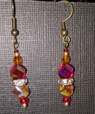 Red, Orange and Brushed Gold Earrings