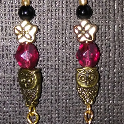 Deep mauve, black & gold owl& flower earrings