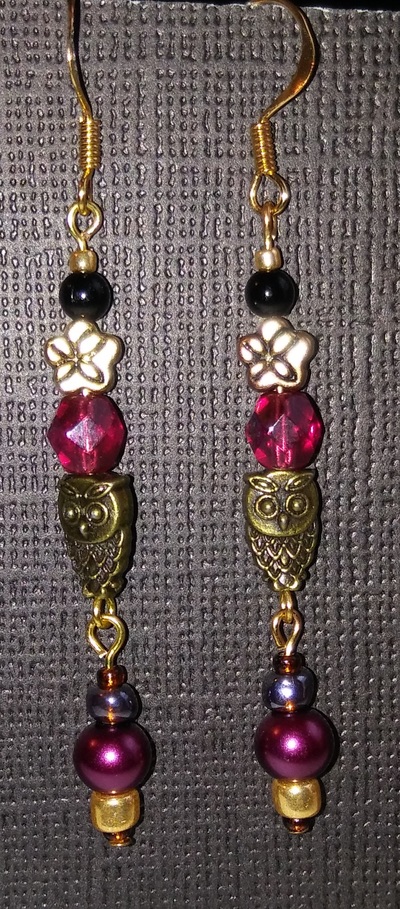 Deep Mauve, Black & Gold Owl& Flower Earrings