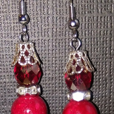 Red faceted and marble capped earrings