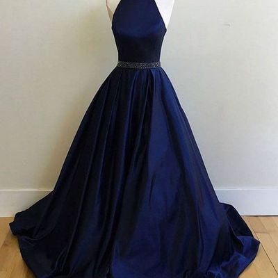 Navy blue prom dresses sexy halter backless ball gown beaded prom evening dresses p33