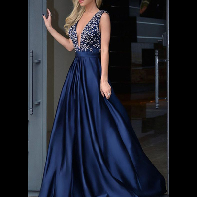 Gorgeous a-line deep v-neck backless long beaded rhinestones prom evening dress navy blue prom formal dresses p35