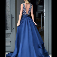 Gorgeous A-line Deep V-neck Backless Long Beaded Rhinestones Prom Evening Dress Navy Blue Prom Formal Dresses P35 - Thumbnail 1