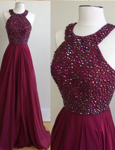  Burgundy Prom Evening Dress 2017 Sexy Backless Halter Rhinestones Chiffon Long Prom Dresses Formal Dress P36