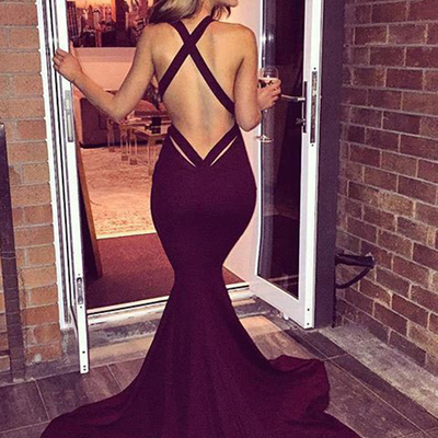 Sexy criss-cross deep v-neck long mermaid prom dresses burgundy prom formal evening dresses  p38