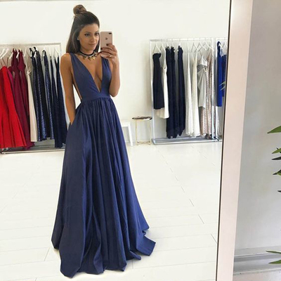 Sexy deep v-neck sleeveless backless long prom evening dresses plus size prom party dresses p42