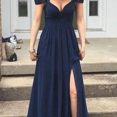 Sexy navy blue straps a-line chiffon long high slit prom evening dresses p44