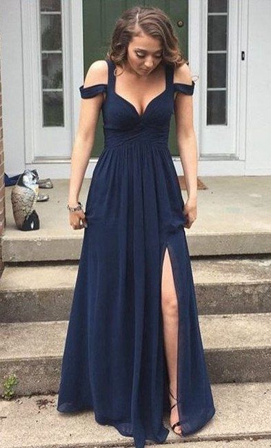 Sexy Navy Blue Straps A-line Chiffon Long High Slit Prom Evening Dresses P44