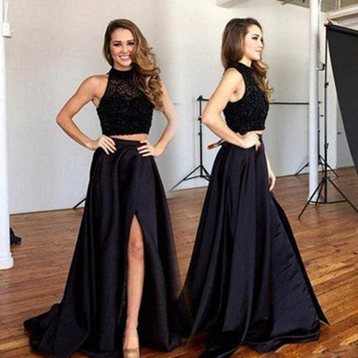 Two piece prom dress 2017 black high neck a-line long lace appliques crystal slit prom evening dresses p48