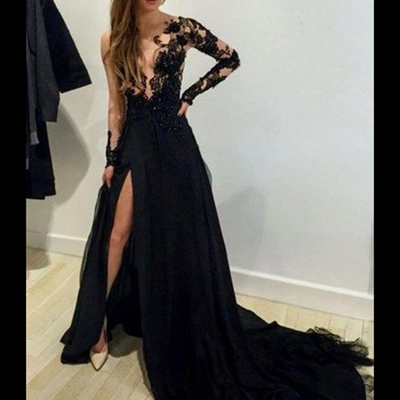 Sexy sheer a-line long sleeves lace black prom evening dresses high slit prom dress p50
