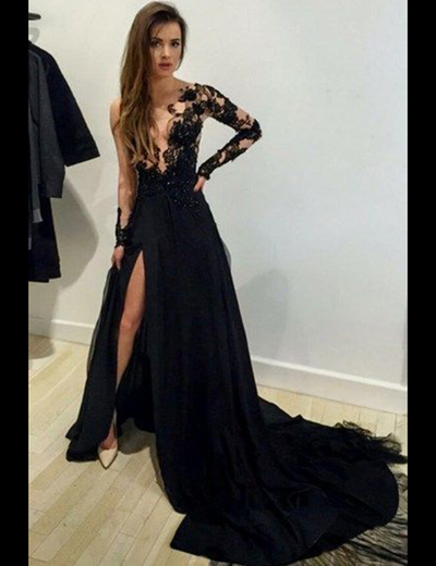 Sexy Sheer A-line Long Sleeves Lace Black Prom Evening Dresses High Slit Prom Dress P50