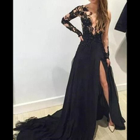 Sexy Sheer A-line Long Sleeves Lace Black Prom Evening Dresses High Slit Prom Dress P50 - Thumbnail 1