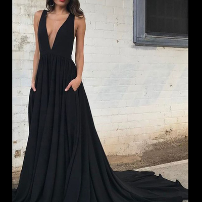 Fashion a-line deep v-neck open back black long pron party dresses plus size evening dress with pockets p56