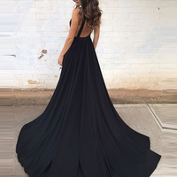 Fashion A-line Deep V-neck Open Back Black Long Pron Party Dresses Plus Size Evening Dress With Pockets P56 - Thumbnail 1