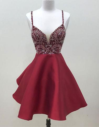 Burgundy v neck sequin beads short prom dress, burgundy homecoming dress