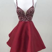 Burgundy v neck sequin beads short prom dress, burgundy homecoming dress - Thumbnail 1