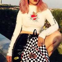 Cyber Punk Heart Rose Printed Long Sleeve Cropped Shirt - Thumbnail 1