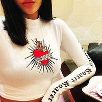 Cyber Punk Heart Rose Printed Long Sleeve Cropped Shirt - Thumbnail 3