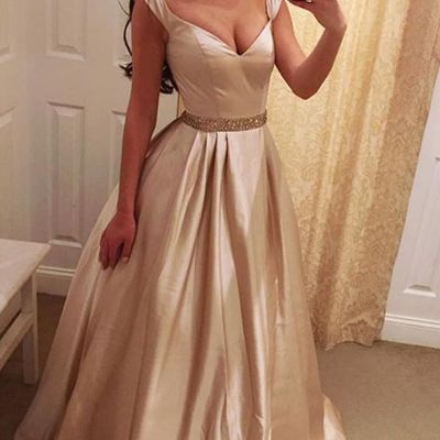 Elegant a-line v-neck straps long prom evening dress plus size shiny prom formal dress with sashes p59