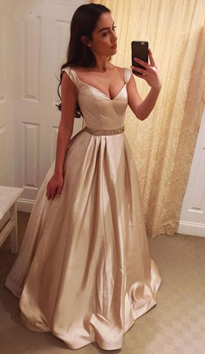 Elegant A-line V-neck Straps Long Prom Evening Dress Plus Size Shiny Prom Formal Dress With Sashes P59