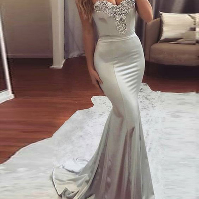 Fashion sliver sweetheart mermaid prom evening dresses long lace appliques beaded prom formal dress p60