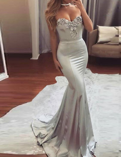 Fashion Sliver Sweetheart Mermaid Prom Evening Dresses Long Lace Appliques Beaded Prom Formal Dress P60