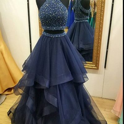 Two piece prom dresses 2017 navy blue a-line halter pearls rhinestones ruffles prom evening dresses p63
