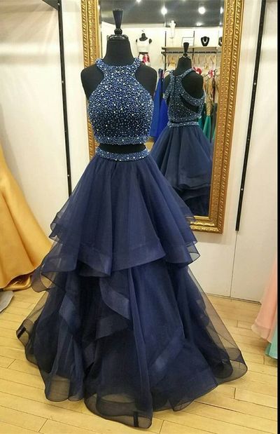 Two Piece Prom Dresses 2017 Navy Blue A-line Halter Pearls Rhinestones Ruffles Prom Evening Dresses P63