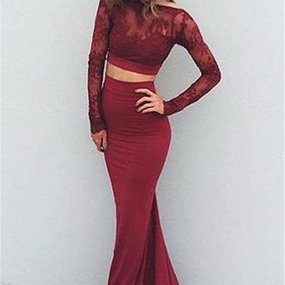 Two piece evening dresses elegant red boat neck long sleeves lace mermaid prom evening dresses p66