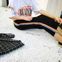 *Free Shipping* Rainbow Striped Casual Pants in Black - Thumbnail 1