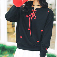 Sweet Lace up Heart Embroidered Sweatshirt - Thumbnail 3