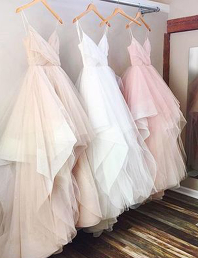 Sexy Sweetheart Spaghetti Straps Ball Gown Long Pink Pleat Ruffles Prom Evening Dresses P68