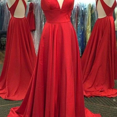 Simple criss-cross deep v-neck a-line red prom evening dress plus size formal gown p69