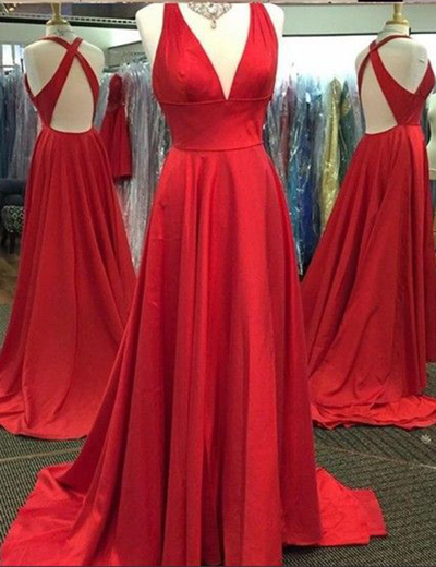 Simple Criss-Cross Deep V-neck A-line Red Prom Evening Dress Plus Size Formal Gown P69