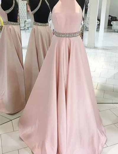 Fashion Halter Backless A-line Long Pink Satin Rhinestones Beaded Prom Dresses Plus Size P71