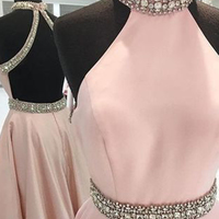 Fashion Halter Backless A-line Long Pink Satin Rhinestones Beaded Prom Dresses Plus Size P71 - Thumbnail 1
