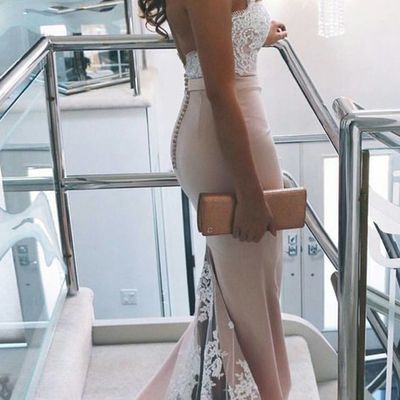 Elegant sweetheart mermaid long lace appliques beaded prom evening dresses with buttons p73