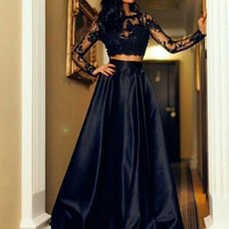 Two Piece Prom Dresses Elegant A-line Black Satin Long Sleeves Lace Appliques Prom Evening Dress P76