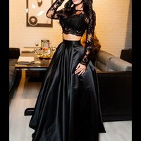 Two Piece Prom Dresses Elegant A-line Black Satin Long Sleeves Lace Appliques Prom Evening Dress P76 - Thumbnail 1
