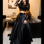 Two Piece Prom Dresses Elegant A-line Black Satin Long Sleeves Lace Appliques Prom Evening Dress P76-1