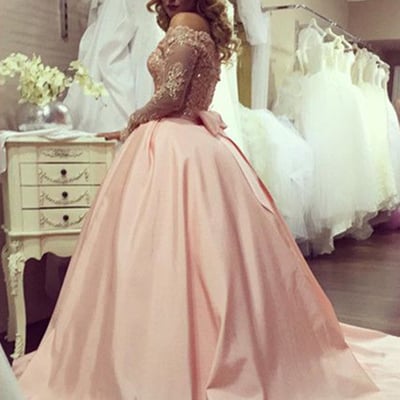 Elegant off-shoulder ball gown long sleeves lace beaded crystal prom evening dress plus size evening formal gowns p77