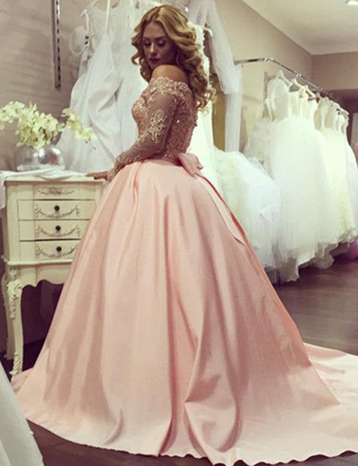 Elegant Off-shoulder Ball Gown Long Sleeves Lace Beaded Crystal Prom Evening Dress Plus Size Evening Formal Gowns P77