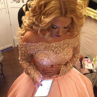 Elegant Off-shoulder Ball Gown Long Sleeves Lace Beaded Crystal Prom Evening Dress Plus Size Evening Formal Gowns P77 - Thumbnail 1