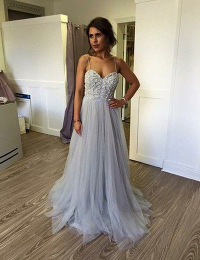 Fashion Spaghetti Straps A-line Long Beaded Crystal Rhinestones Prom Dress Plus Size Evening Formal Dress P81