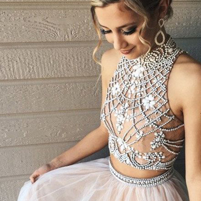 Two piece prom dresses elegant high neck a-line beading rhinestones prom evening dress p82