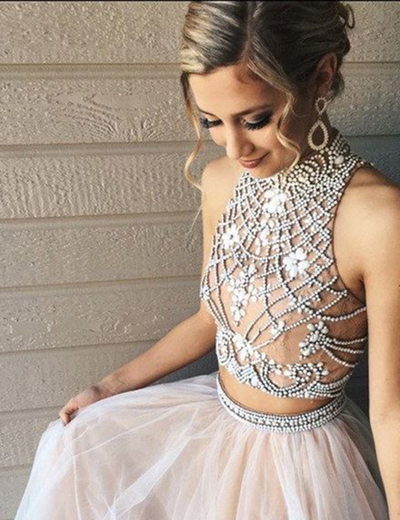 Two Piece Prom Dresses Elegant High Neck A-line Beading Rhinestones Prom Evening Dress P82
