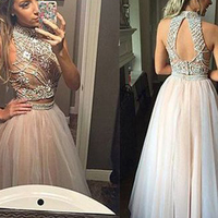 Two Piece Prom Dresses Elegant High Neck A-line Beading Rhinestones Prom Evening Dress P82 - Thumbnail 1