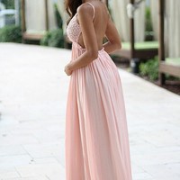 Sexy A-line Pink Spaghetti Straps Backless Chiffon Long Lace Prom Evening Dress P86 - Thumbnail 1