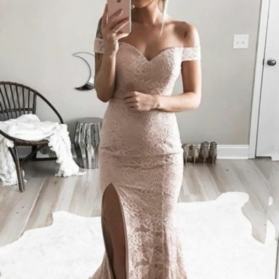 Elegant pink side slit off-shoulder sweetheart long lace mermaid prom evening dress p88