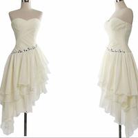 Ivory High Low Chiffon Beaded Homecoming Dresses, Short Prom Dresses, Party Dresses - Thumbnail 1